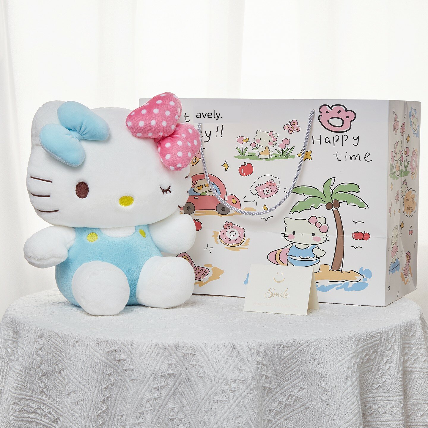 Официально лицензированная классическая поза Hello Kitty плюшевая кукла с двойным бантом, светло-голубая и подарочная
