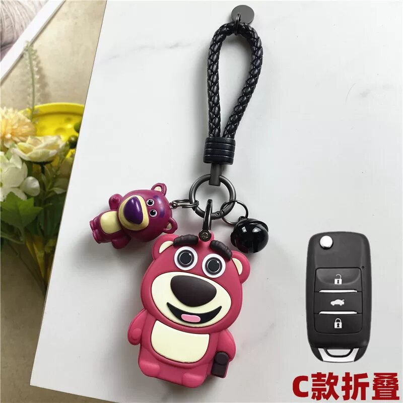 Складной ключевой держатель Changan с вставным стройным земляничным медведем и пружинным кольцом, черной кожаной лентой