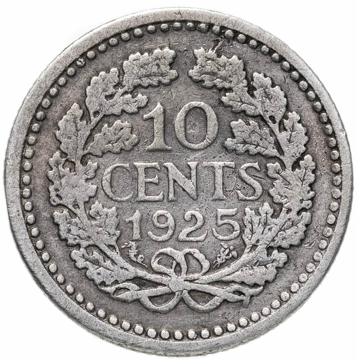 Нидерланды 10 центов cents 1925, Серебро 640, в сохранности VF