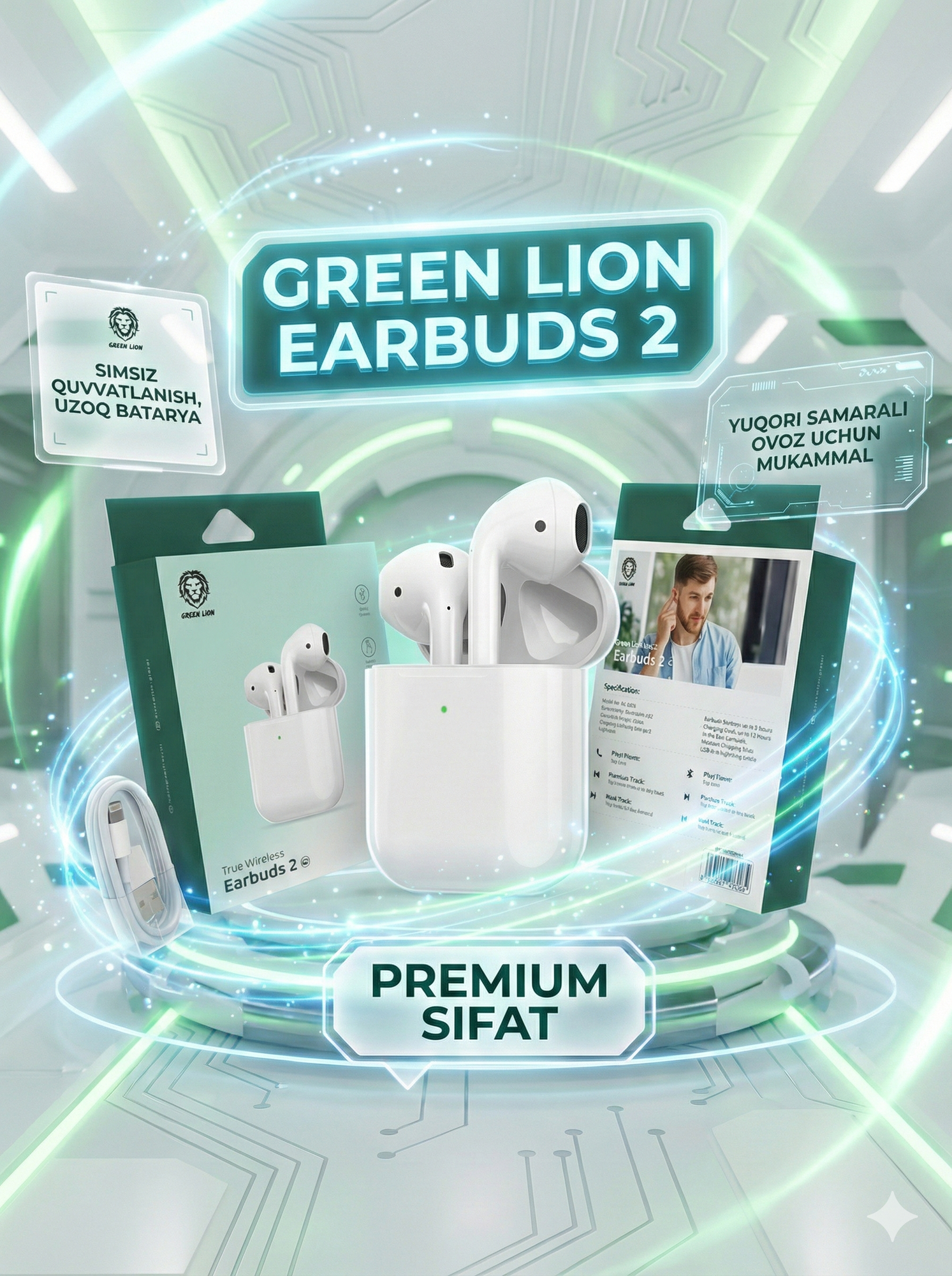 Наушники Green LION Earbuds 2 (G1) беспроводные с микрофоном и долгим временем автономной работы, оригинал