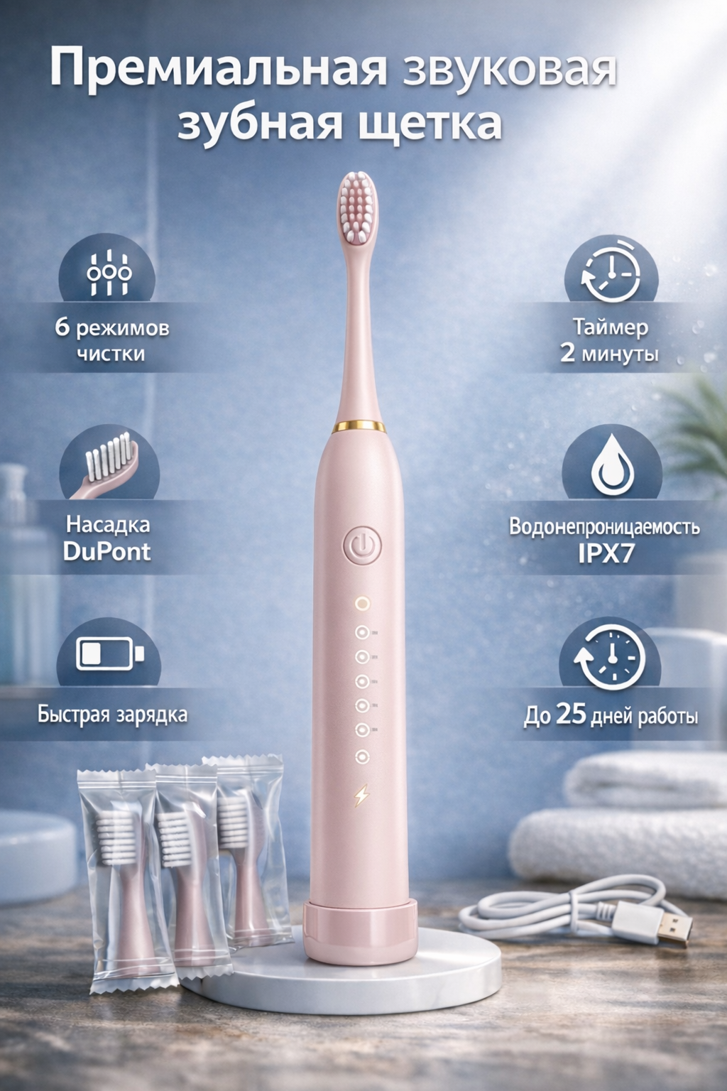 Электрическая зубная щетка ZD-X3, с насадками DuPont и защитой IPX7