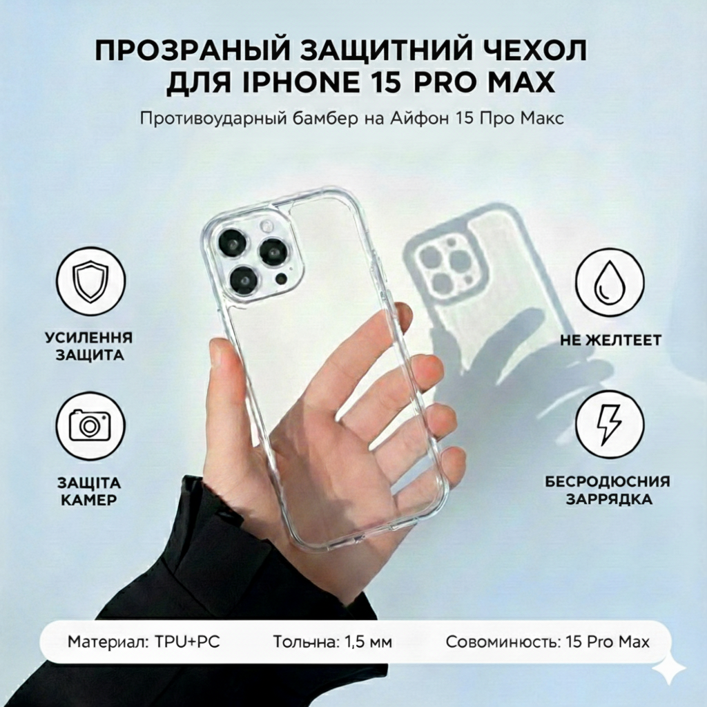 Прозрачный чехол для iPhone 15 PRO MAX силикон, ультратонкий, для айфон
