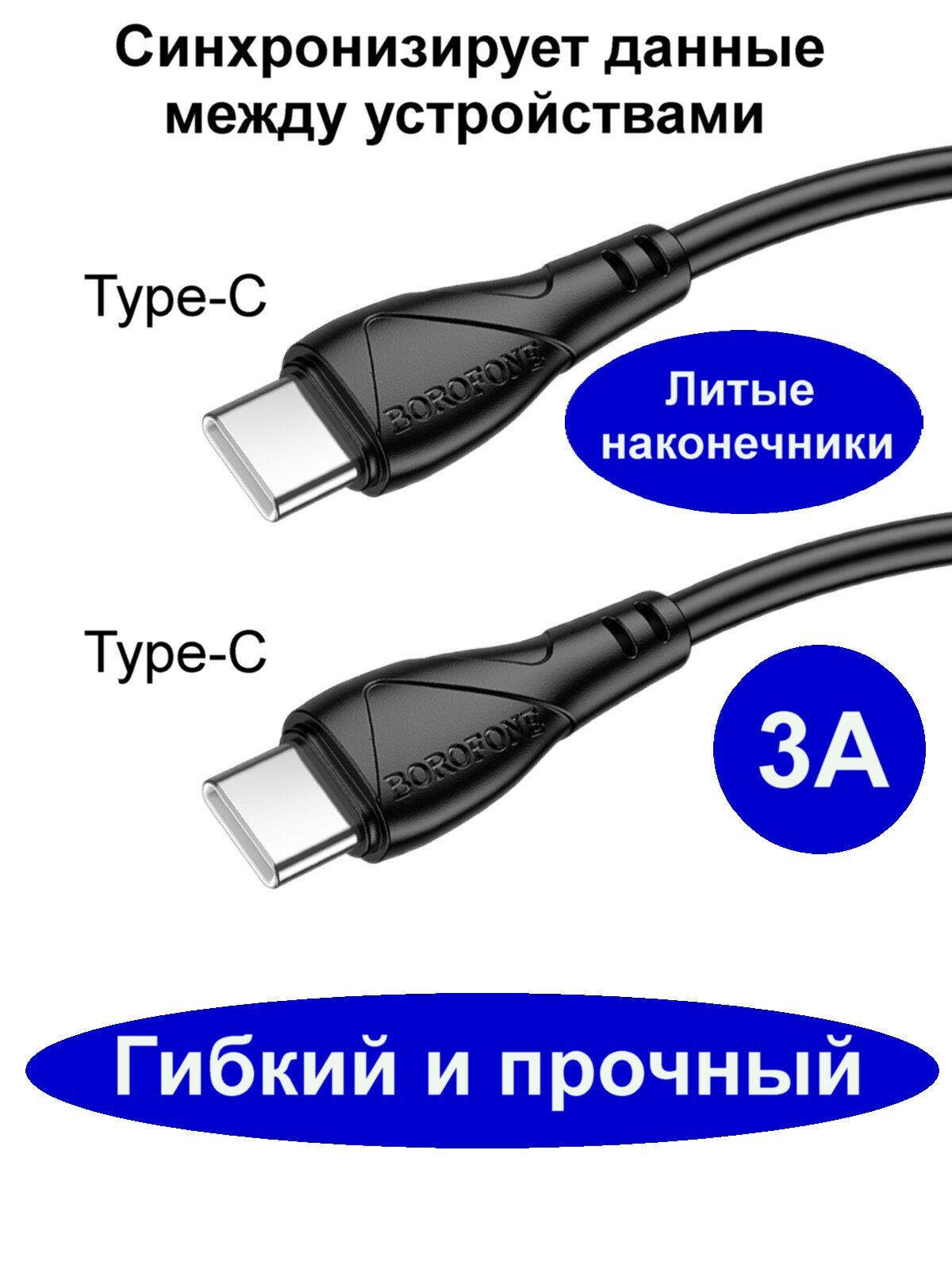 Кабель Type-C - Type-C (Cm-Cm), 3A, 60W, 1 м, Borofone BX121 чёрный — фото 1