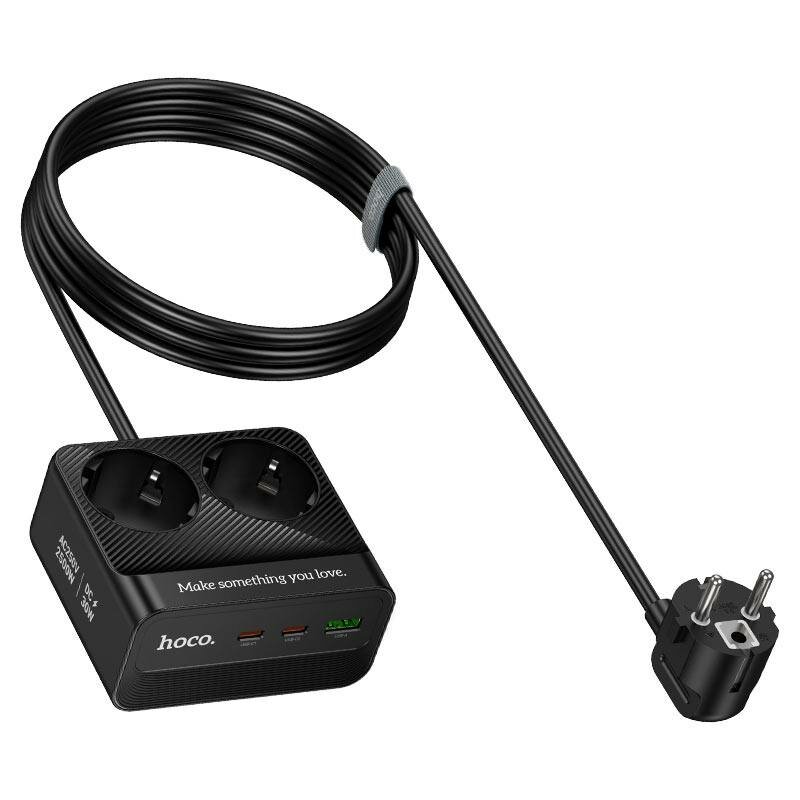Сетевой фильтр HOCO AC27 Descanso, 2 розетки, PD 30W, 1×USB-A + 2×Type-C, 2500W, кабель 2 м, чёрный — фото 1