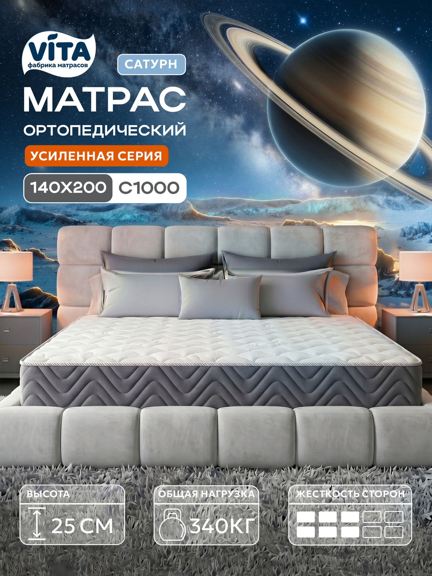 Матрас 140х200 ортопедический VITA Сатурн, независимые пружины С 1000, двусторонний, высокий, 25 см