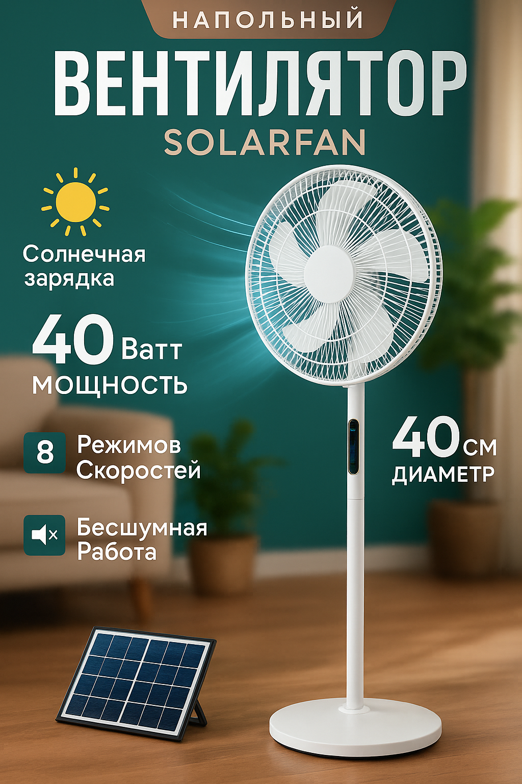 Вентилятор напольный SolarFan, с пультом, солнечной зарядкой, белый