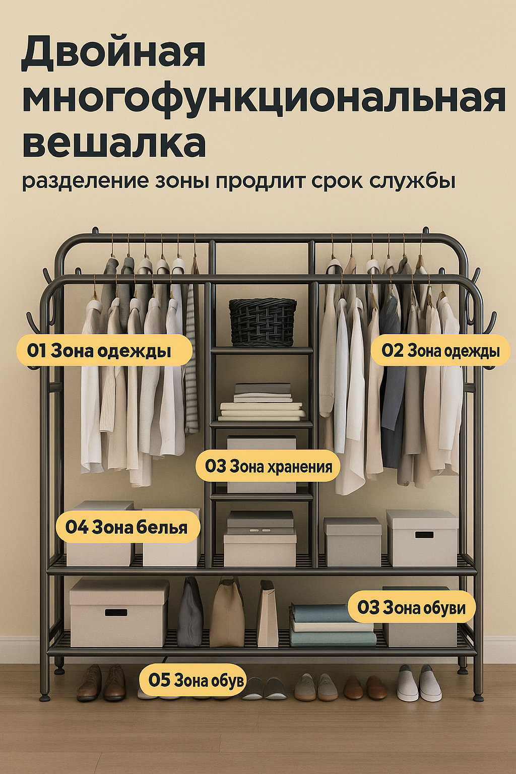 Вешалка напольная для одежды металлическая, гардеробная без колес, мебель для вашего помещения. — фото 1