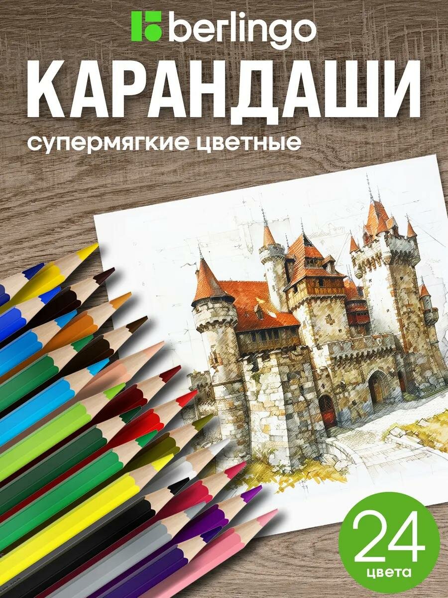 Цветные карандаши для школы 24 цвета, шестигранные Berlingo "SuperSoft. Замки"
