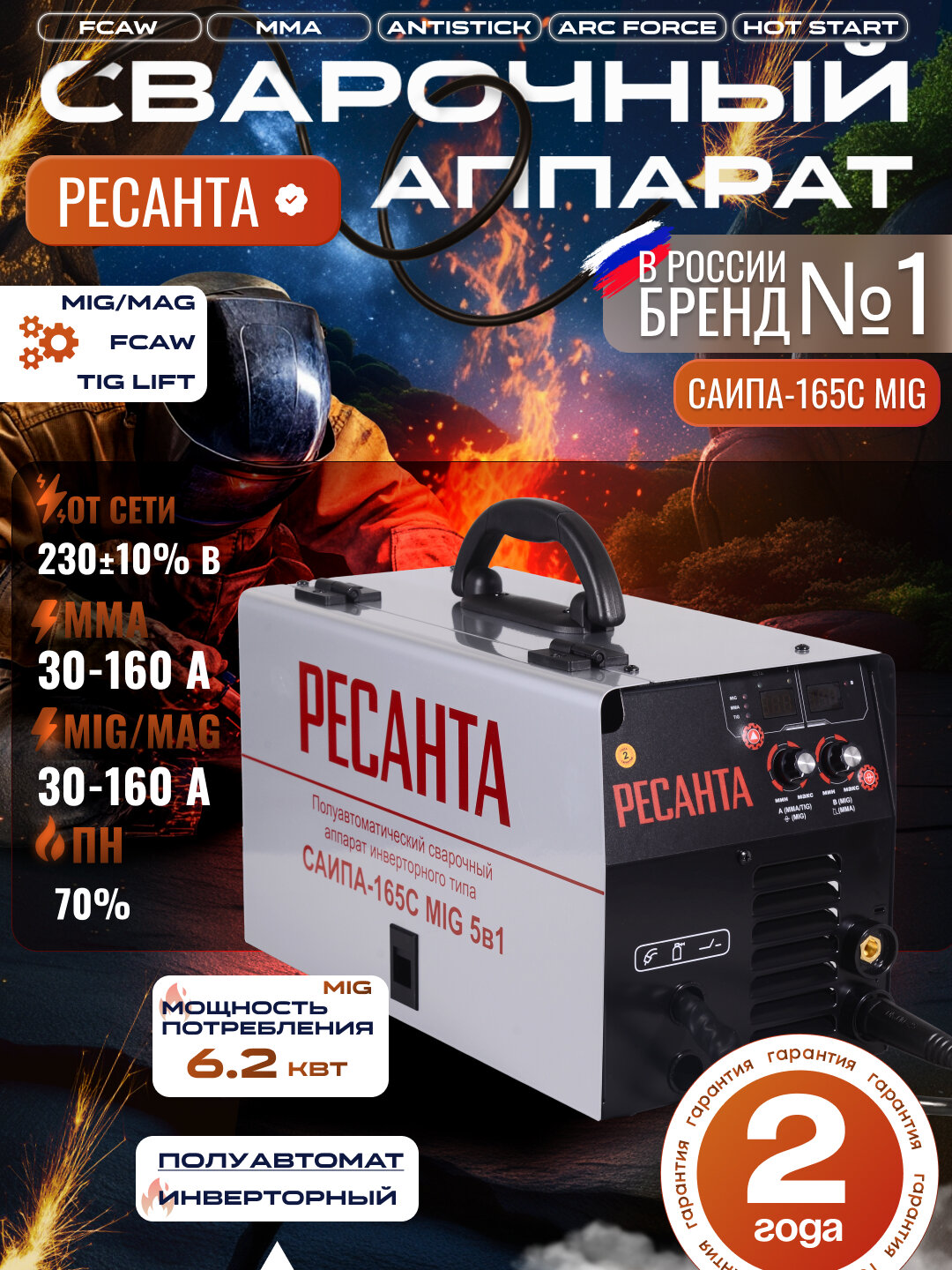 Сварочный полуавтомат САИПА 165С Ресанта, MMA, MIG/MAG, 160А