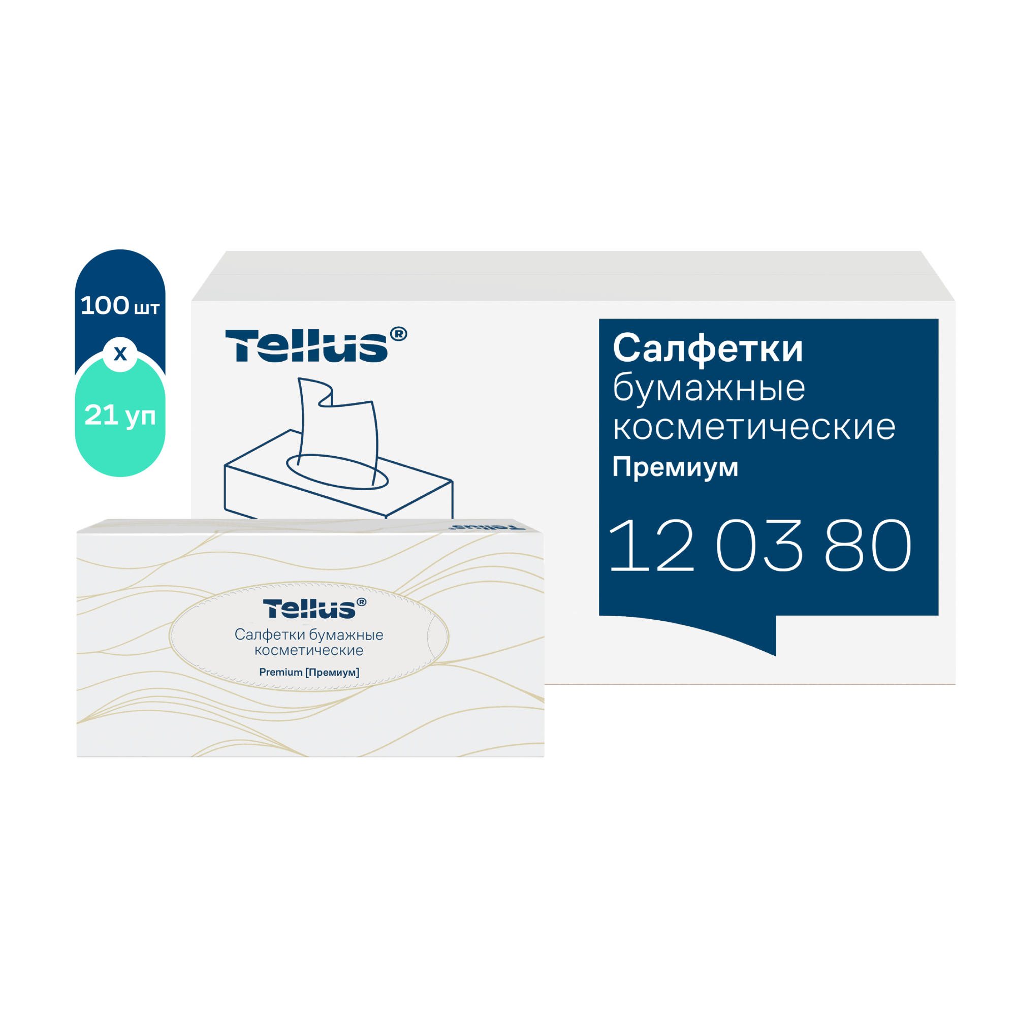 Салфетки косметические для лица ультрамягкие двухслойные Торк/Tellus Премиум белые 1 коробка (21 упаковка по 100 шт.)