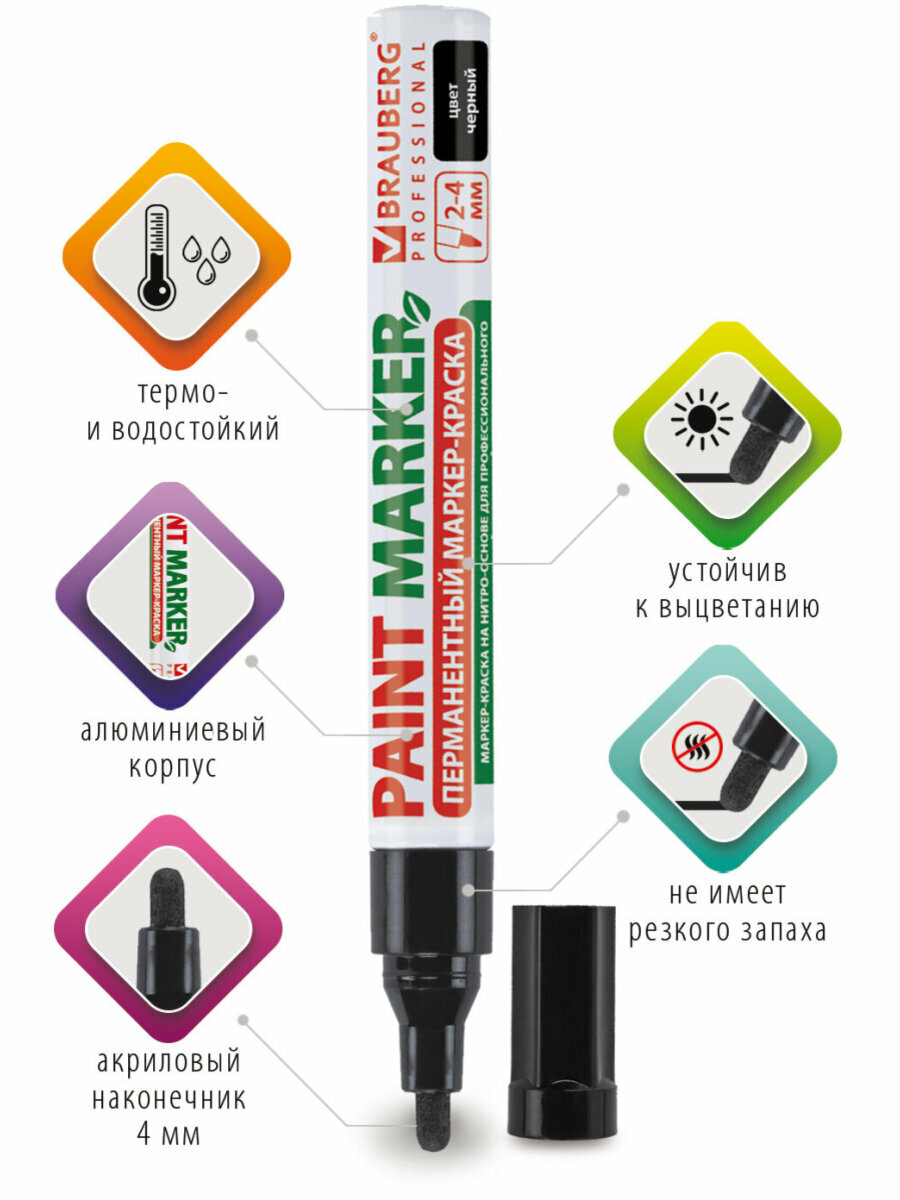 Маркер-краска лаковый paint marker по стеклу/бетону 4 мм, Черный, Без Ксилола, алюминий, Brauberg Professional, 150877 — фото 1