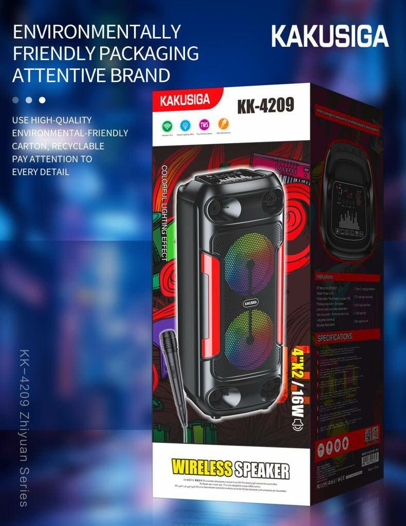 Портативная колонка Kakusiga KK-4209, с LED-подсветкой, микрофоном, басами, черная