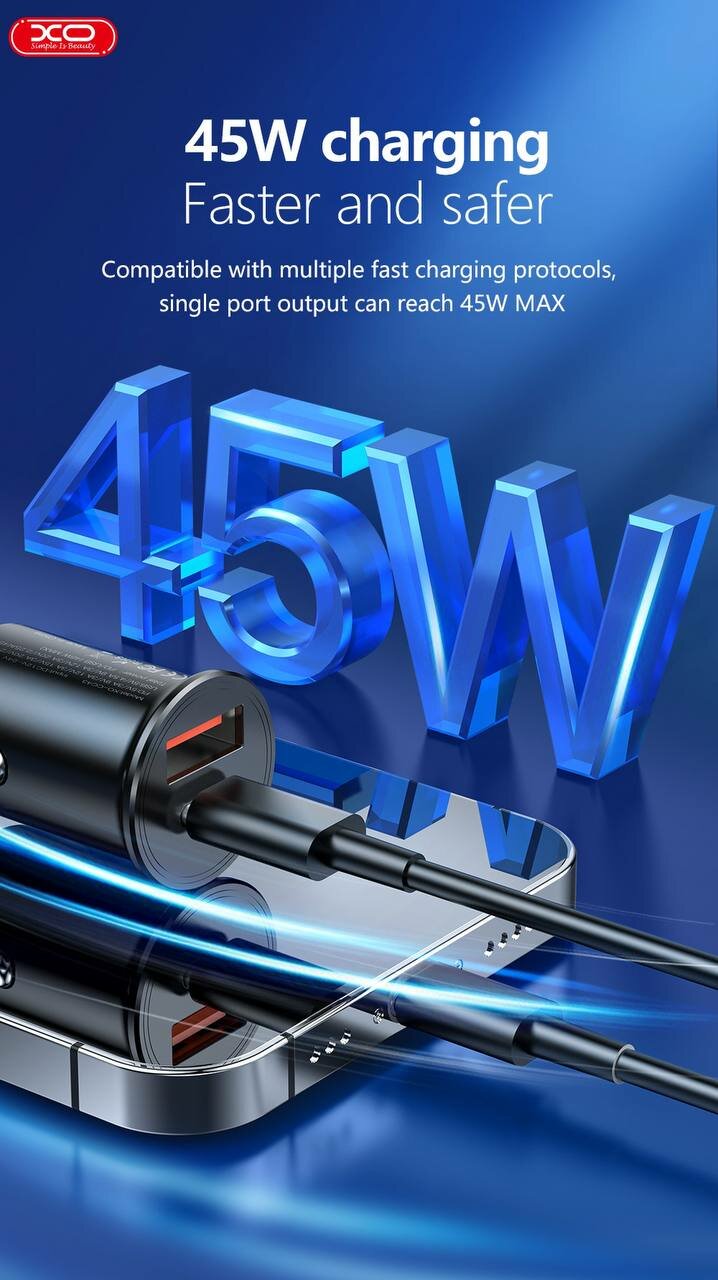 Автомобильное ЗУ XO CC43, 45 Вт, Fast Charge, 2xUSB, универсальное, черное