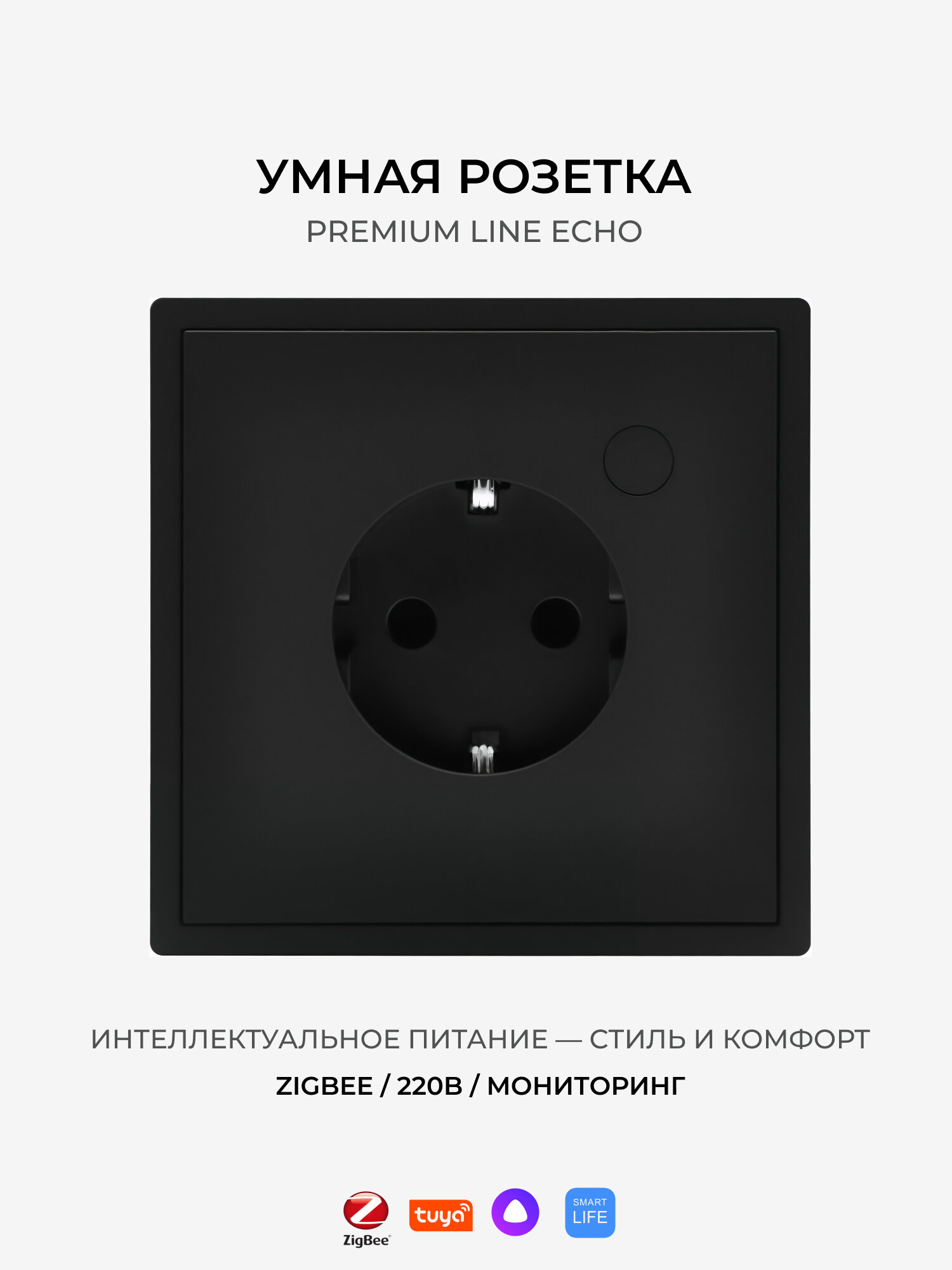 Умная розетка Zigbee, с мониторингом, черная матовая