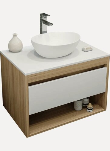Изображение товара Тумба с раковиной Teymi Ritta 75 подвесная, 75 см, со столешницей, белая, светлое дерево, матовая, из МДФ, с ящиками, раковина для ванной, фарфоровая, овальная