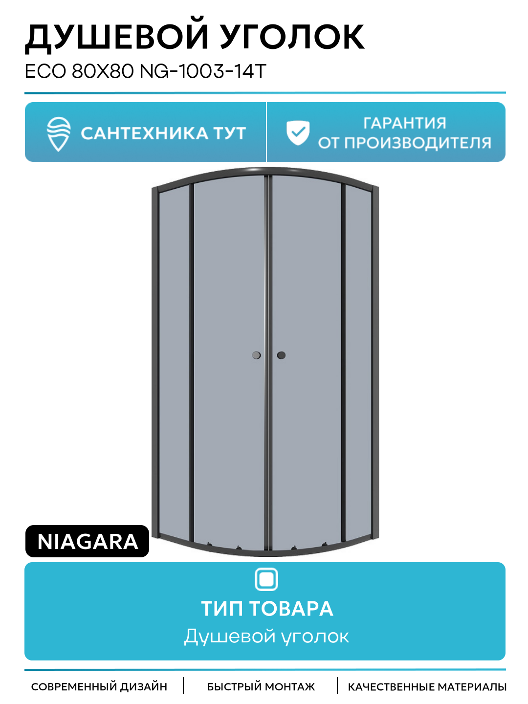 Душевой уголок Niagara Eco 80х80 NG-1003-14T профиль цвет Черный матовый стекло тонированное