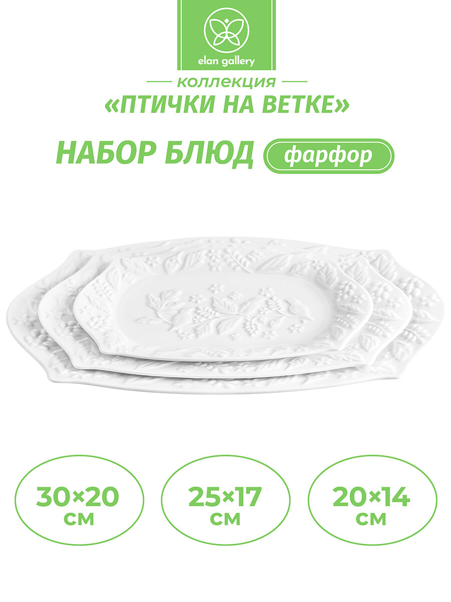 Блюдо сервировочное 3 шт Elan Gallery Птички на ветке, 30,5х20,5х2,5 см, 25,5х17,5х2 см, 20,5х14,5х2 см, набор