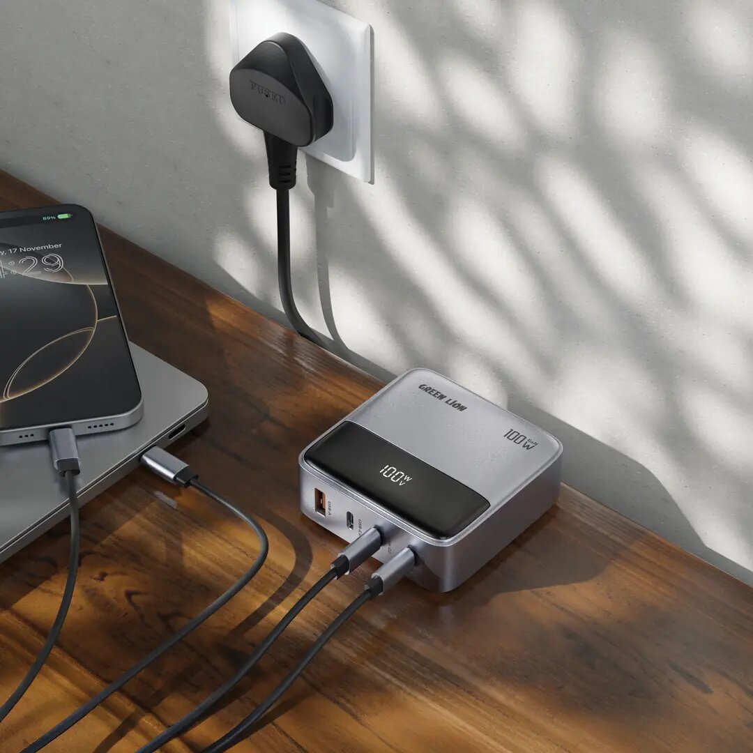 Зарядное устройство Green Lion GaN, 100Вт, 3 порта, Type-C, USB-A — фото 1