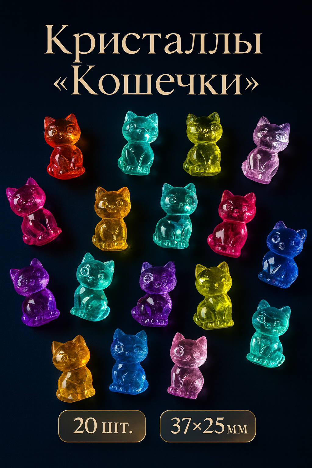 Фигурки кошек акриловые разноцветные, 20 шт — набор кристаллов для детей и декора, COLOR Si