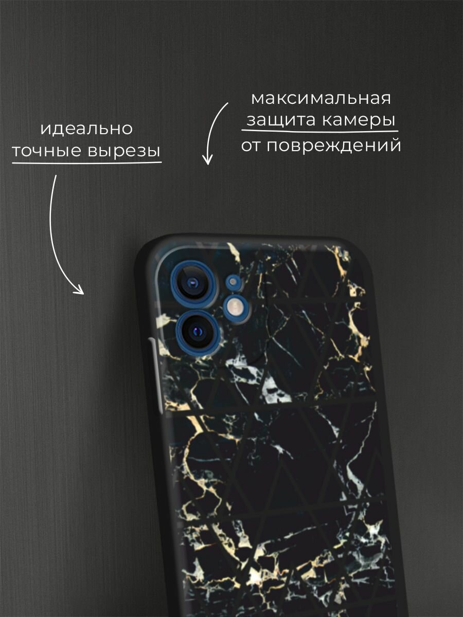 Черный матовый чехол на Apple iPhone 12 mini / Айфон 12 Мини с принтом "Черный мрамор с узорами треугольниками" — фото 1