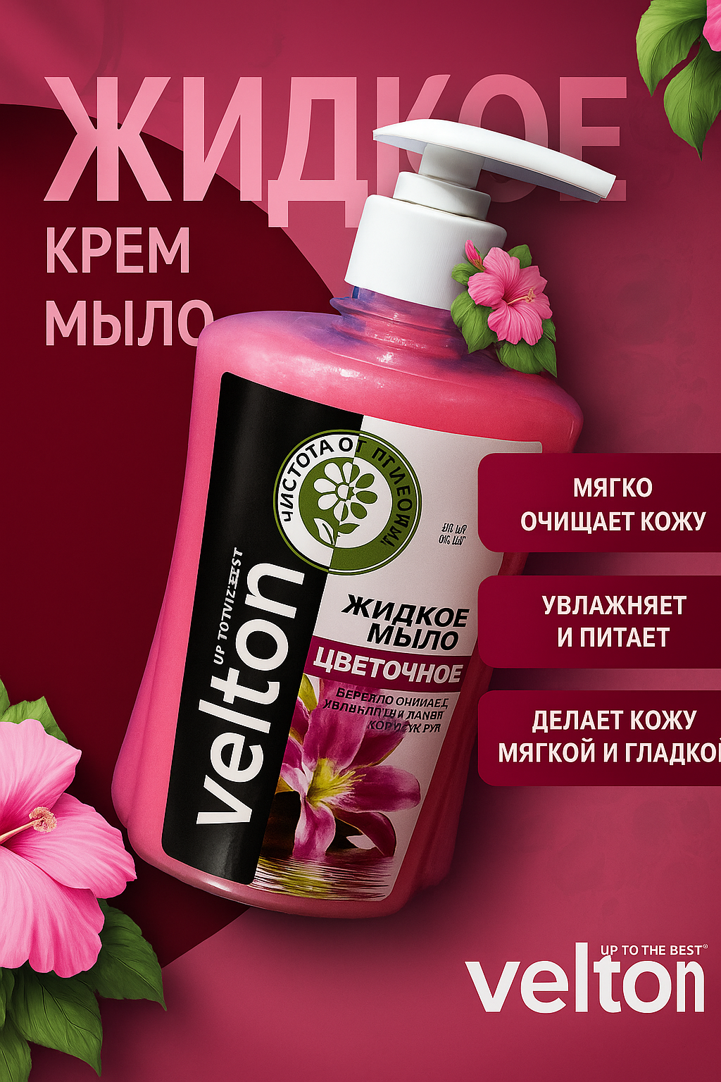 Жидкое крем-мыло Велтон Цветочное 400 мл мягко очищает кожу, придаёт нежный аромат и дарит свежесть каждый день