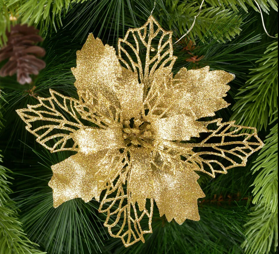 Украшение елочное, цветок Пуансеттия ажурная с блестками, 15 см золотой