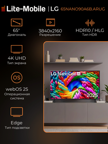 Изображение товара Телевизор LG 65NANO90A6B. ARUG, 65 дюймов, 4К, NanoCell, Bluetooth, Wi-Fi, webOS, синий