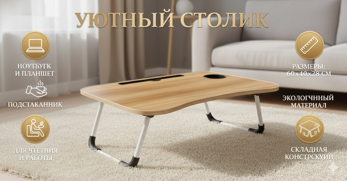 Складной мини-столик 60×40×28 см — для ноутбука, завтрака в постель и учебы