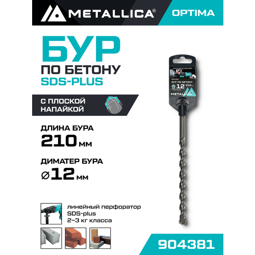 фото Бур по бетону sds-plus metallica optima 12 х210/150 мм, напайка с центром, 2 спирали креост