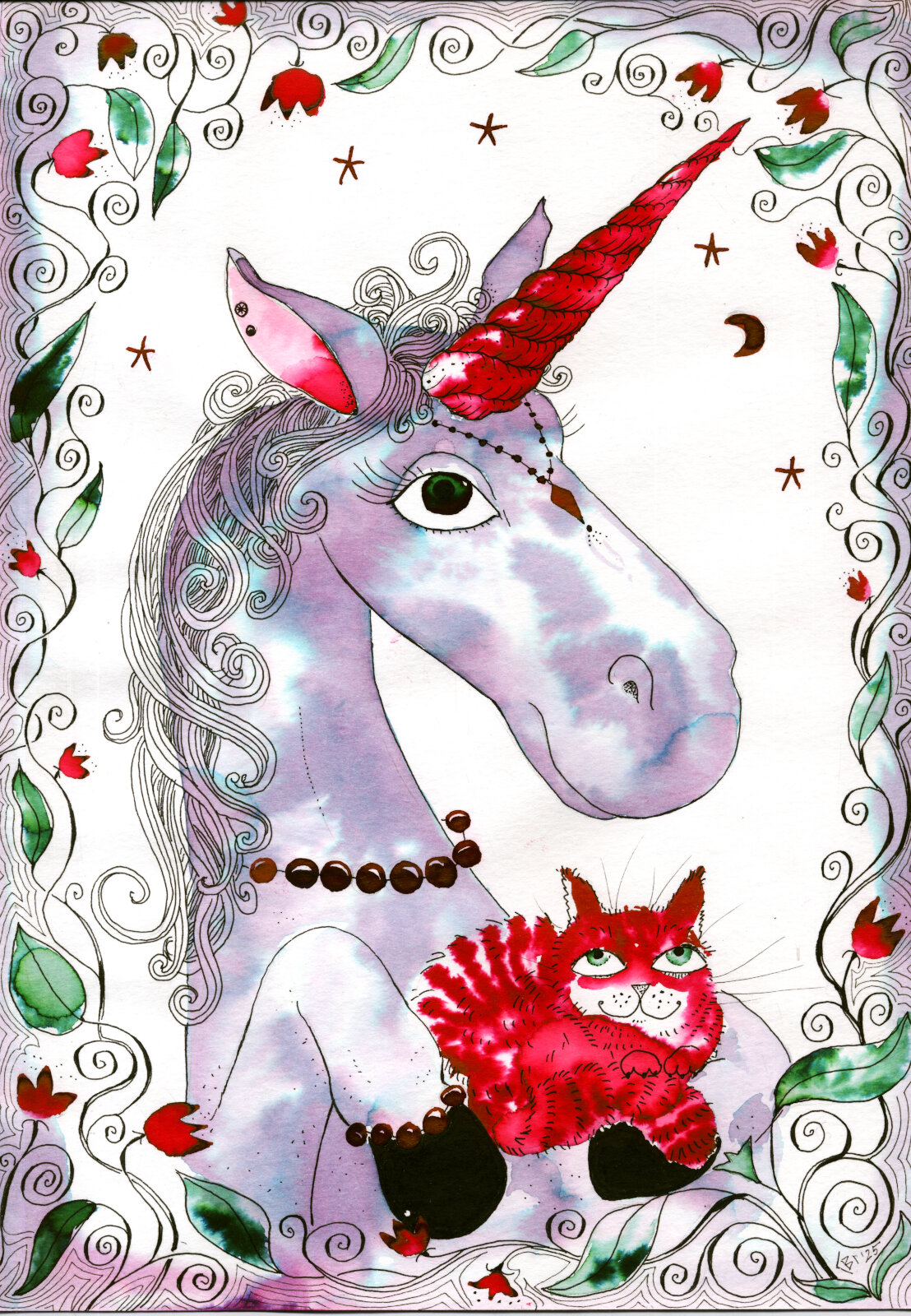 Картина "Изящный единорог с котом", ручная работа, чернила с блеском, линер, бумага, 30х21 см
