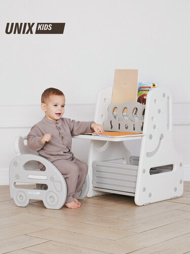 Изображение товара Детский стол со стулом пластиковый 3 в 1 UNIX Kids + стеллаж + магнитно - маркерная доска, для дома и дачи