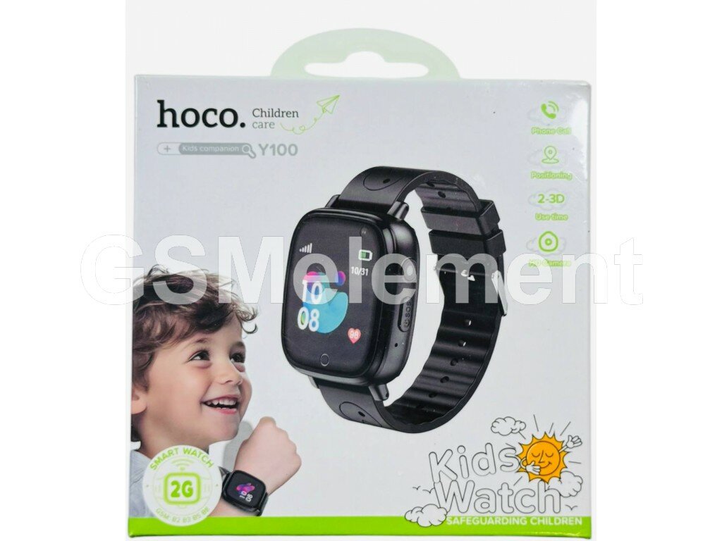 Детские умные часы Y100 черного цвета с GPS отслеживанием, звонками и защитой