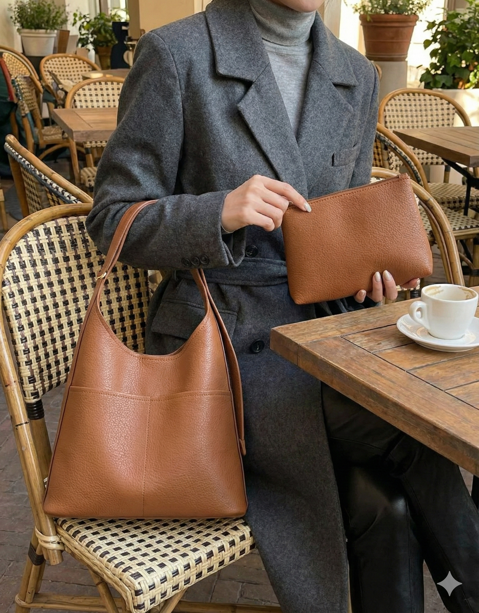 Сумка тоут  Сумка-тоут с косметичкой, фактура зернистая, коричневый — фото 1