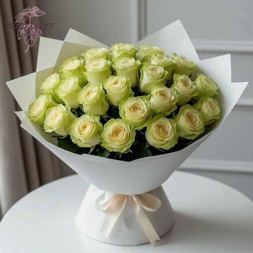 Изображение товара Букет цветов, букет из 25 роз "Лимонад" 60см под ленту, премиум букет, долгий букет, долго стоящие цветы, премиум цветы