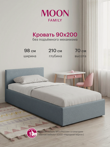 Изображение товара Кровать односпальная без подъёмного механизма, MOON FAMILY 1250, размер 90х200 см, рогожка бирюзовая. Ортопедическое основание в комплекте