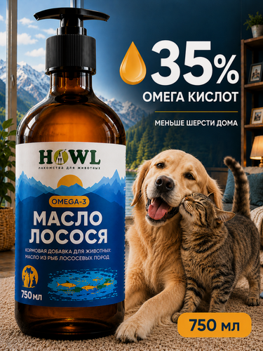 Изображение товара Лососевое масло/ Витамины для собак и кошек/ Рыбий жир 750 мл/Натуральная пищевая добавка для собак и кошек HOWL