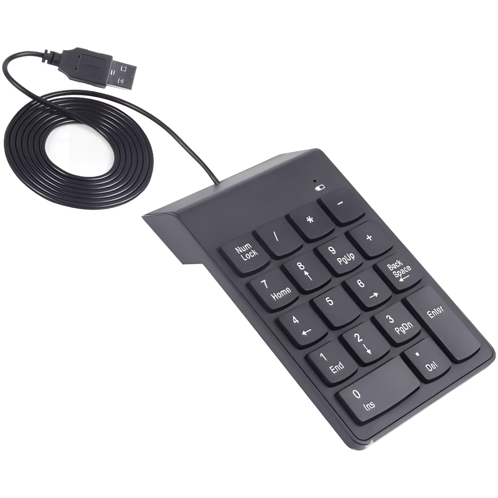 Бесшумная USB цифровая клавиатура, 18 клавиш, длина USB-кабеля составляет 75 сантиметро. Цвет черный