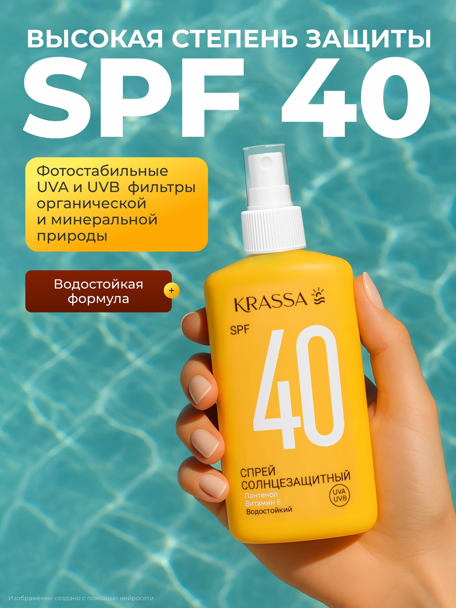 KRASSA Солнцезащитный спрей SPF 40, крем от загара с пантенолом, 150 мл — фото 1
