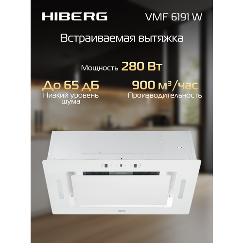 фото Вытяжка hiberg vmf 6191 w, полновстраиваемая, сенсорное управление и жестами, 3 скорости, цвет белое стекло