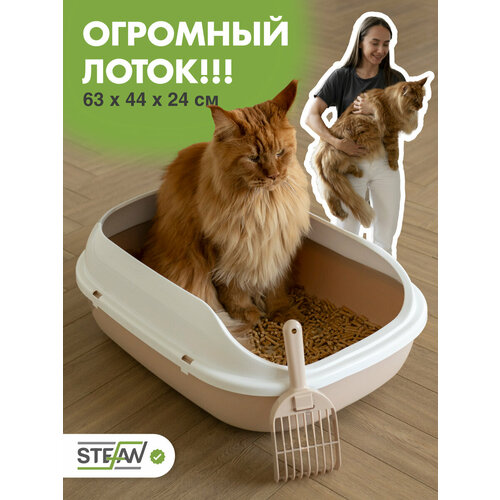 Лоток для кошек с высокими бортиками STEFAN (Штефан) большой, под наполнитель(ХL), 63х45х24, BP29013, бежевый
