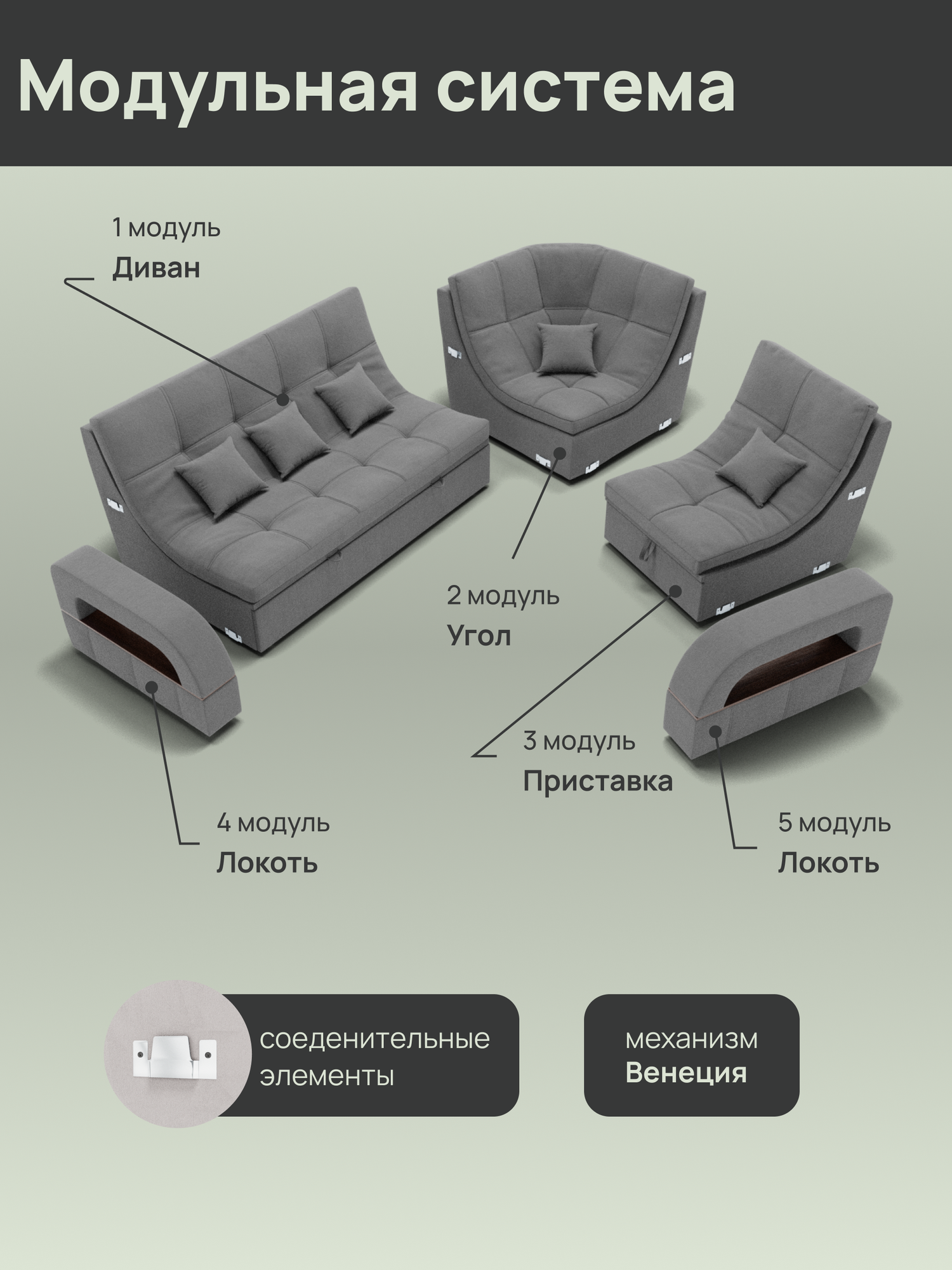 _Модульный диван, Велютта люкс 32 ,268х187х97 см , Серый. Велюр, ППУ, ДВП, Дерево, механизм Венеция. — фото 1