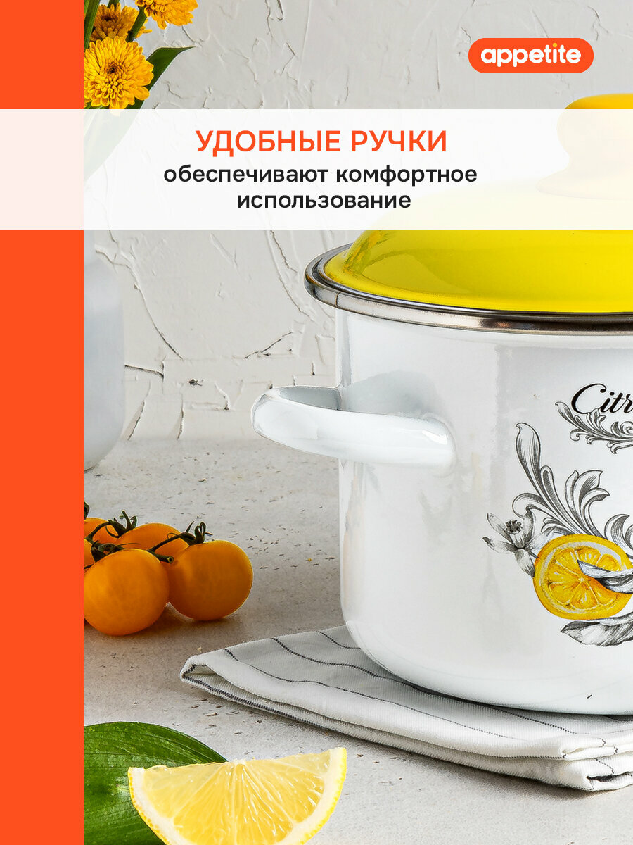 Кастрюля эмалированная с крышкой CITRON 2,0л ТМ Appetite — фото 1