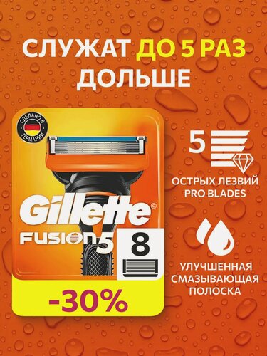 Изображение товара Сменные кассеты лезвия Gillette Fusion Насадки Джилет с 5 лезвиями и точным триммером для труднодоступных мест, 8 шт.