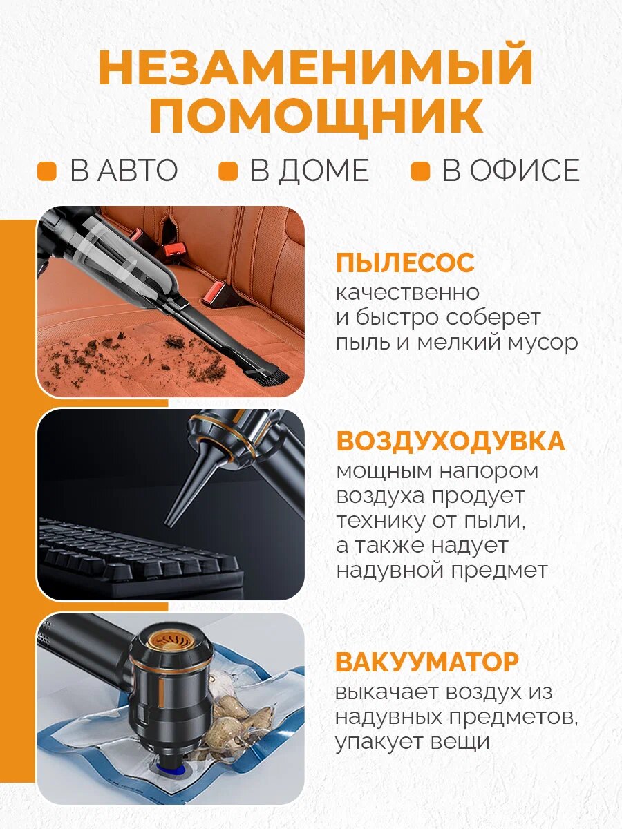 Автомобильный пылесос беспроводной 3 в 1. Мини-пылесос для дома, пылесос для автомобиля, мебели, компьютера, аккумуляторный, ручной — фото 1