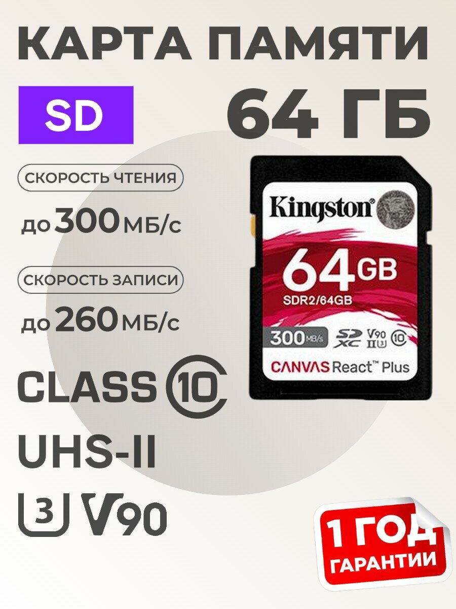 Карта памяти Kingston SD 64gb Canvas React Plus SDR2/64GB, UHS-II, U3, V90