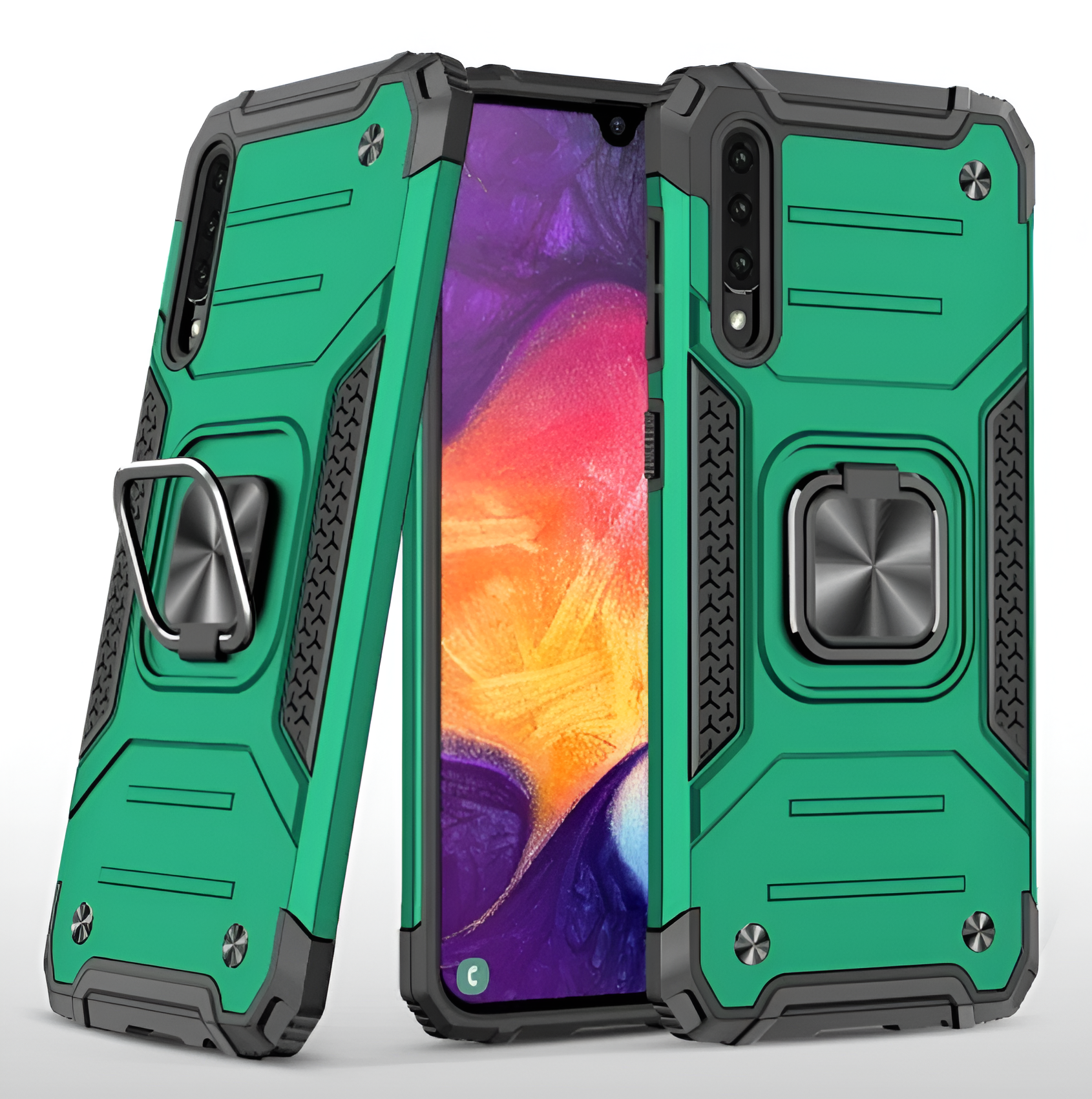 Противоударный чехол для Samsung Galaxy A50 A505, A50s, A30s зеленый с пластиной и кольцом подставкой