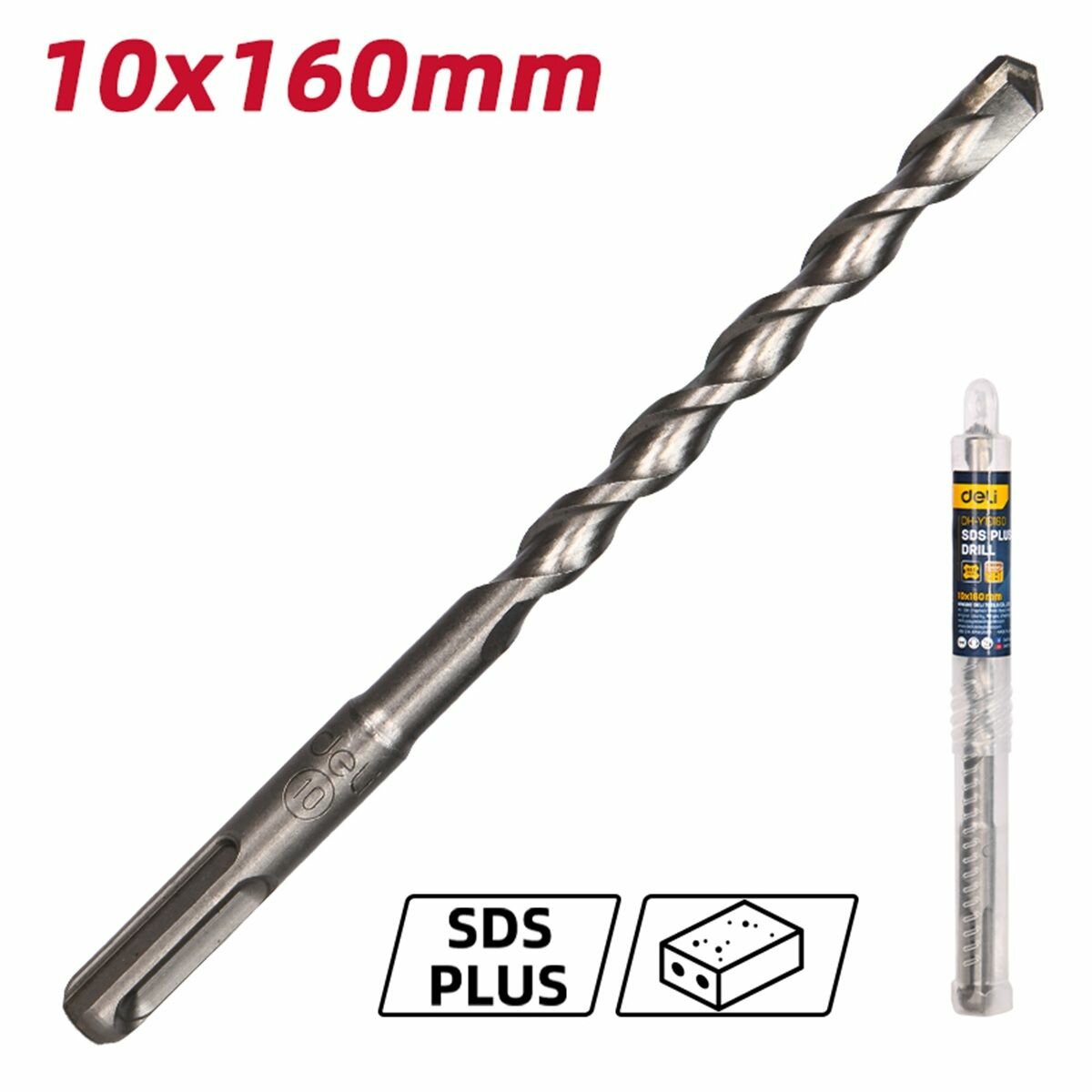Бур по бетону SDS Plus 10х160мм Deli DH-Y10160 (наконечник карбид вольфрама YG8C)