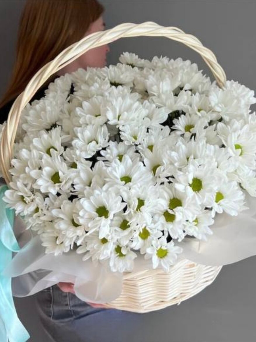 Корзина белых хризантем 9 шт FLAURITA в аквагубке букет живых цветов
