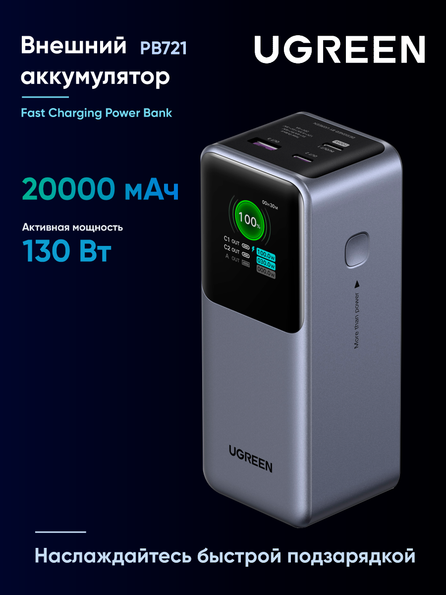 Внешний аккумулятор UGREEN PB721-35524B 20000mAh 130W Quick Charging Space Gray