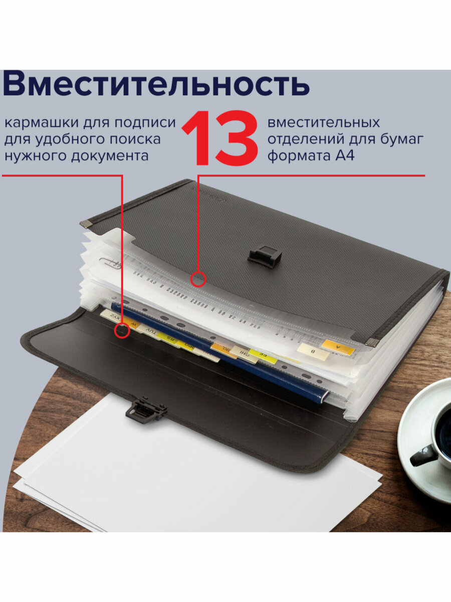 Папка для рисунков, чертежей, листов, бумаг с замком Brauberg "Hit" формата А4, 13 отделений, черная, 229572 — фото 1
